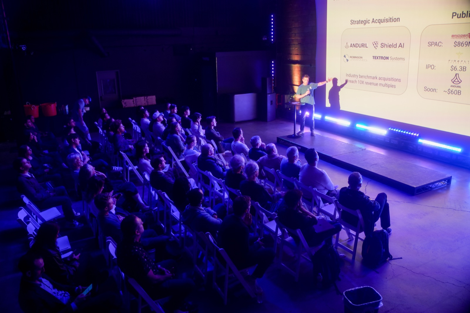 Sweeping view of the Startup Arena audience filling rows of white chairs, investor pitch slide lit on the stage ahead